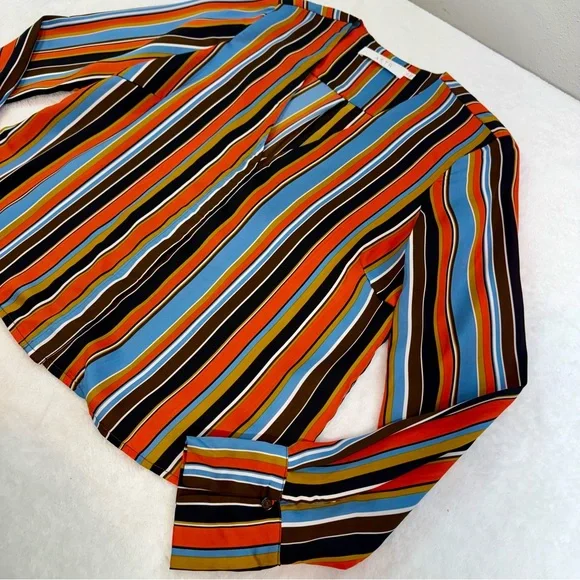 ASTR The Label Doreen Orange Multi Striped Satin Button-Up Long Sleeve Top Sz XS - Picture 6 of 10